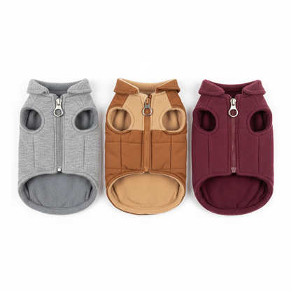 Winter fleece vest for dogs and cats in three colors on white background